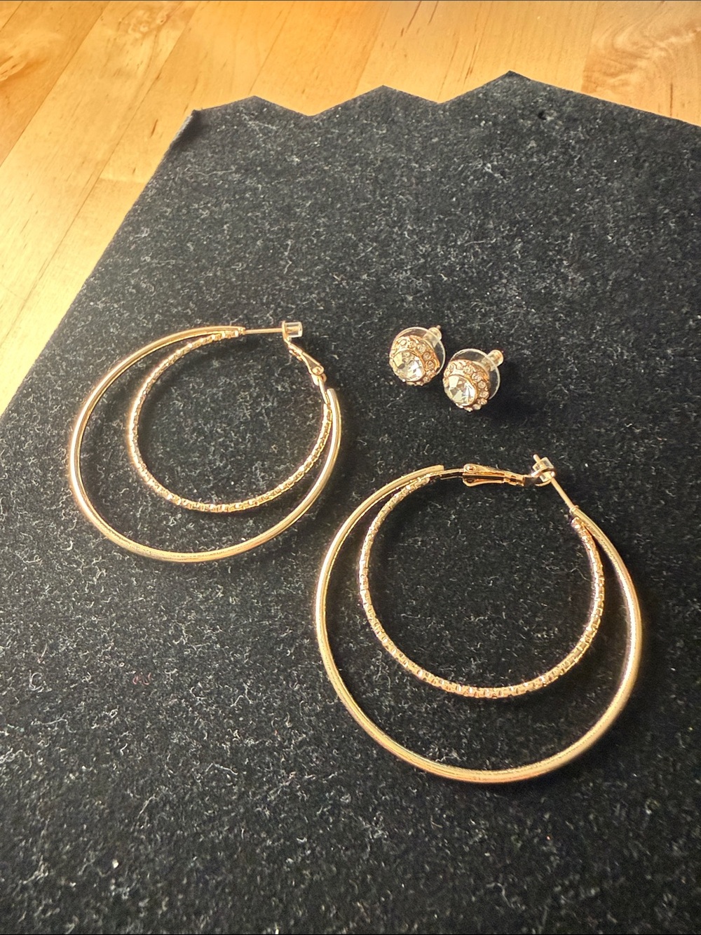 Gold Tone Double Hoop Earrings with Crystal Studs - Women Jewelry